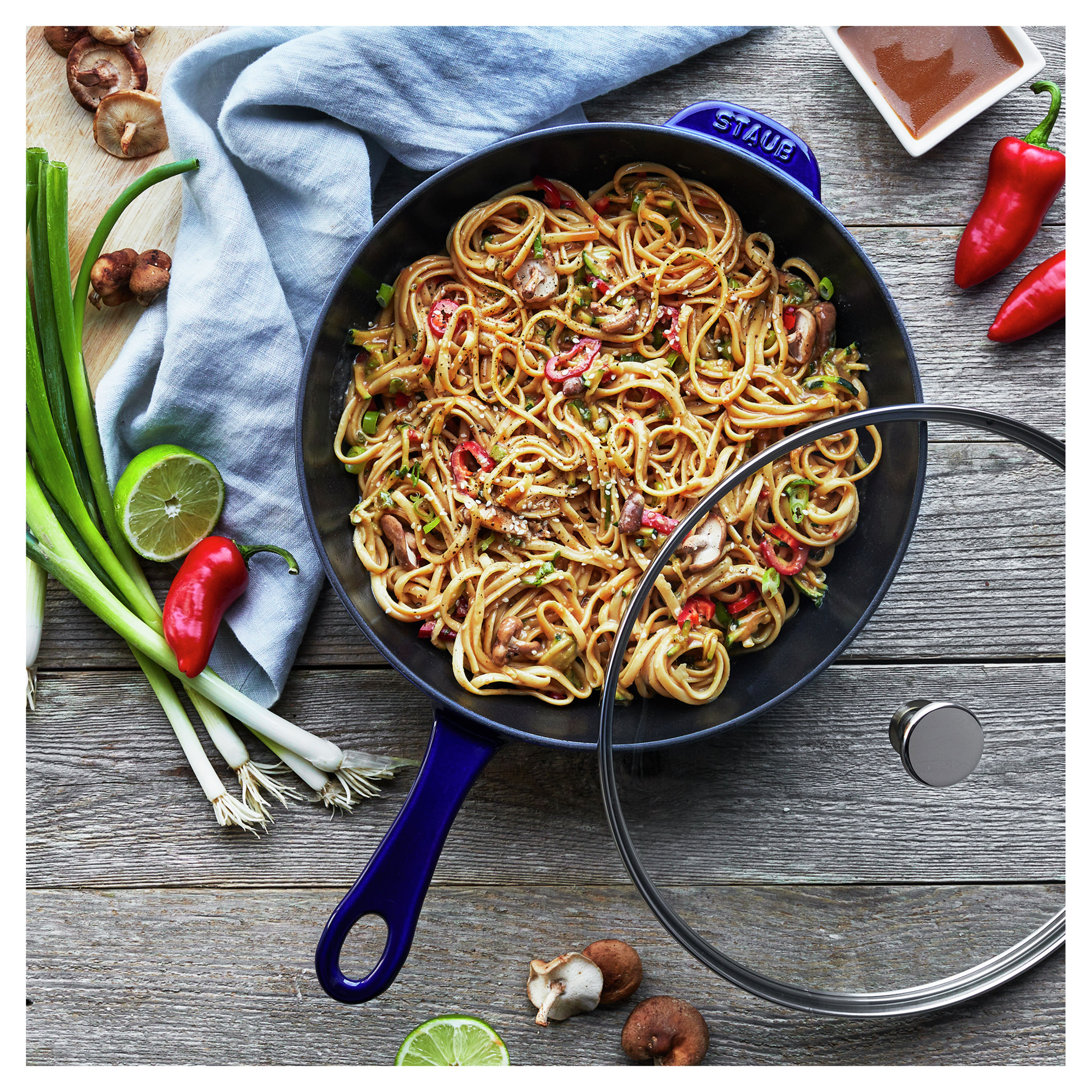 Staub Cast Iron Pan with Lid 10-inch, 2.9 Quart Serves 2-3, Fry Pan, Cast  Iron Skillet, Wok, Made in France, Cherry