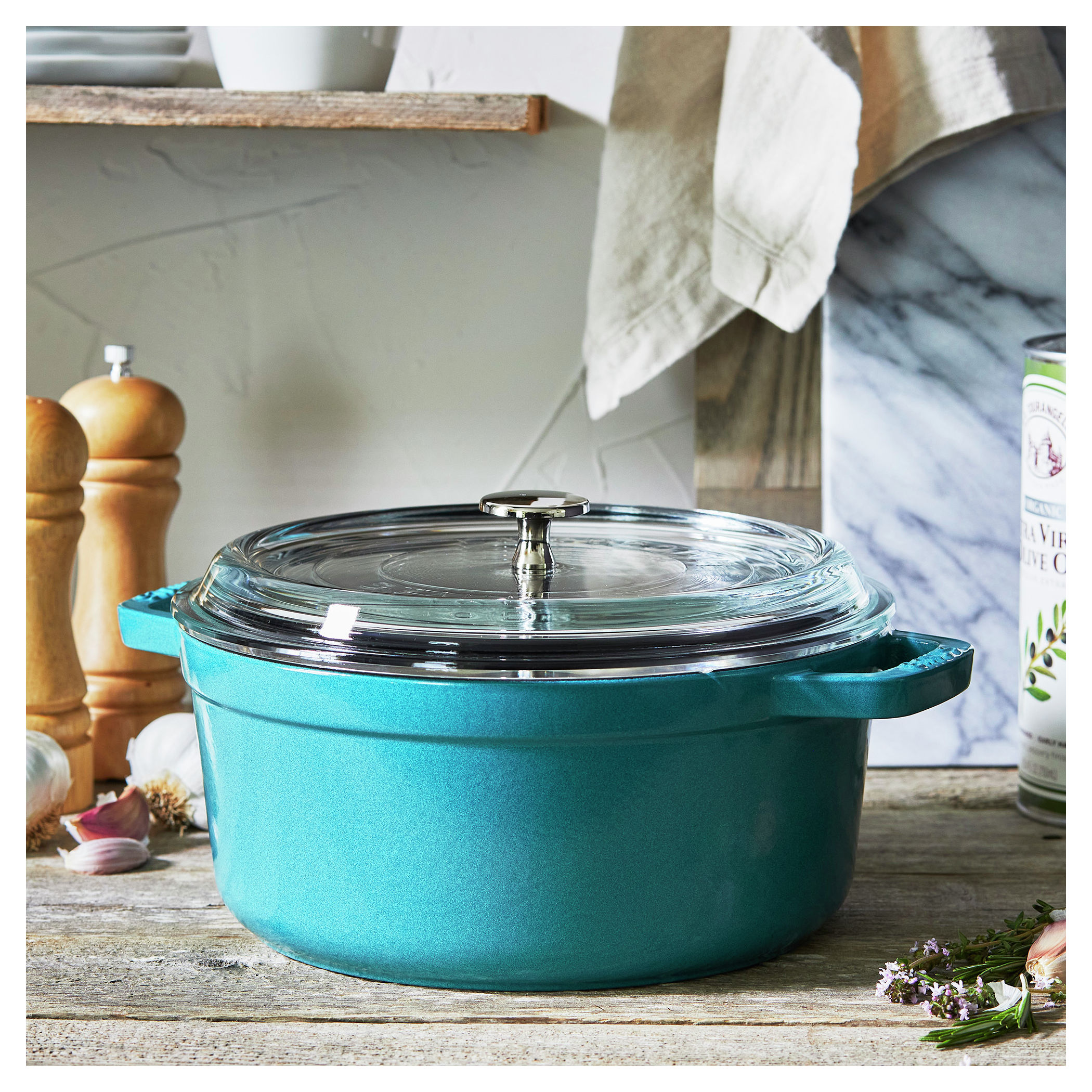 Staub 4-Quart Cast Iron Round Cocotte with Glass Lid - Turquoise