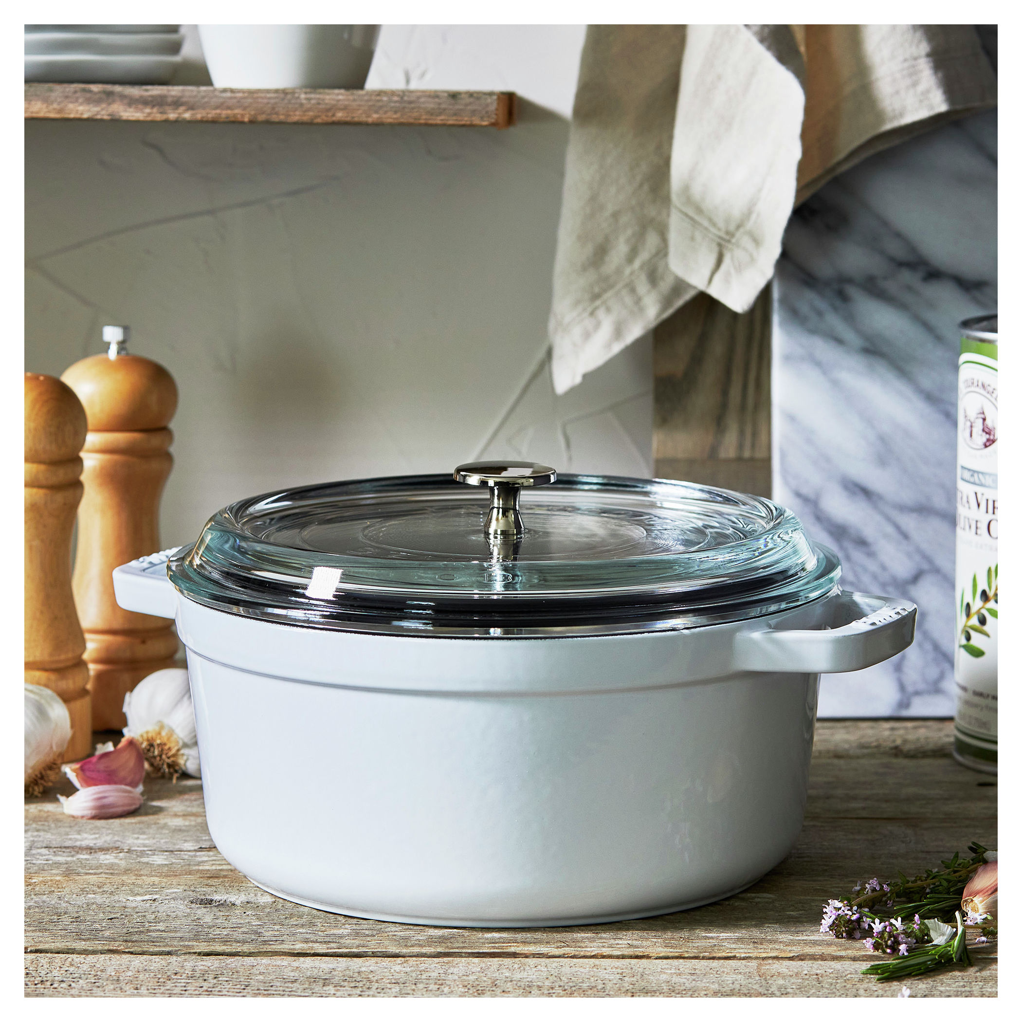 Staub Cast Iron 4 qt, round, Glass Lid Cocotte, white