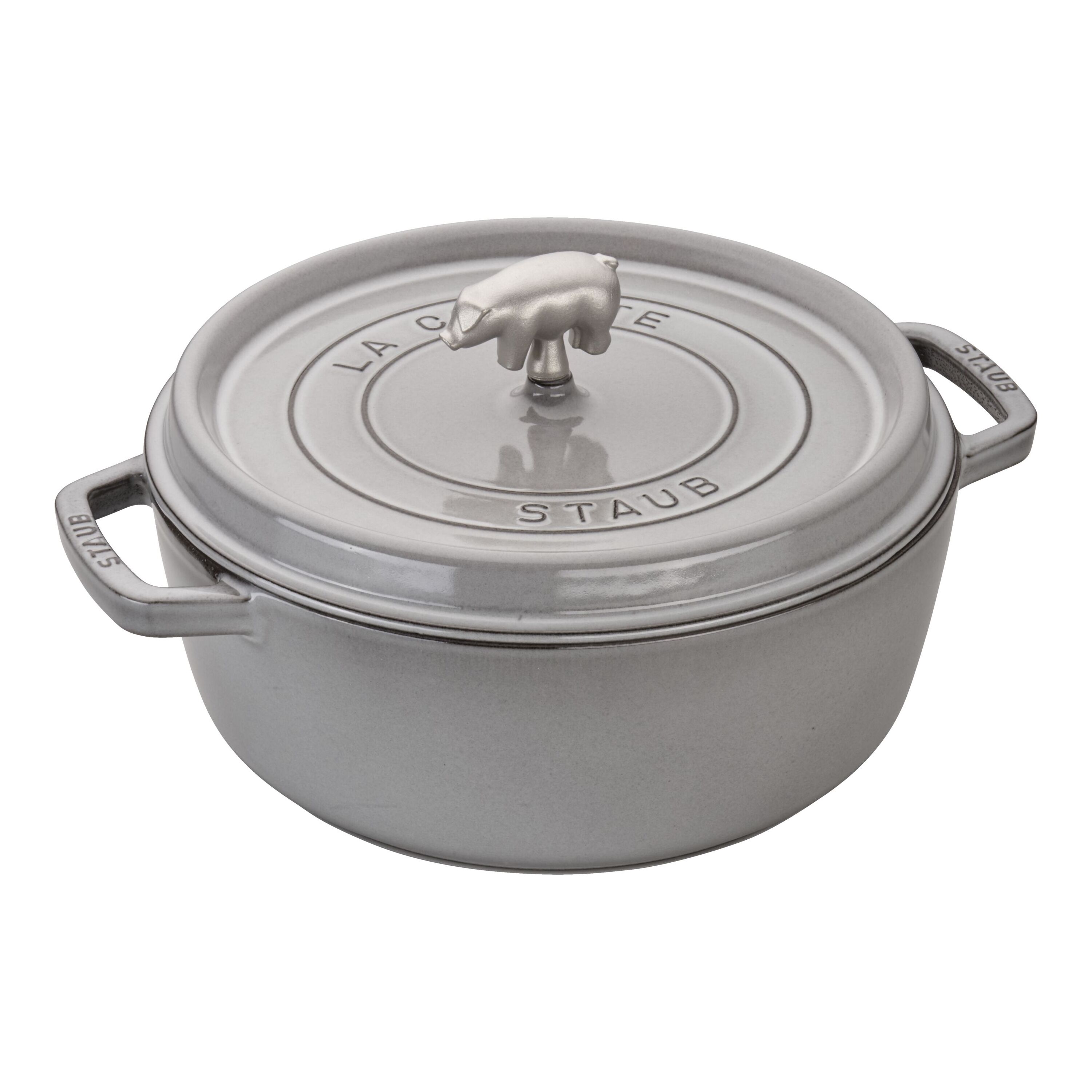 Staub Cast Iron - Shallow Cocottes 6 qt, Pig, Cochon Shallow Wide Round  Cocotte, Graphite Grey Staub