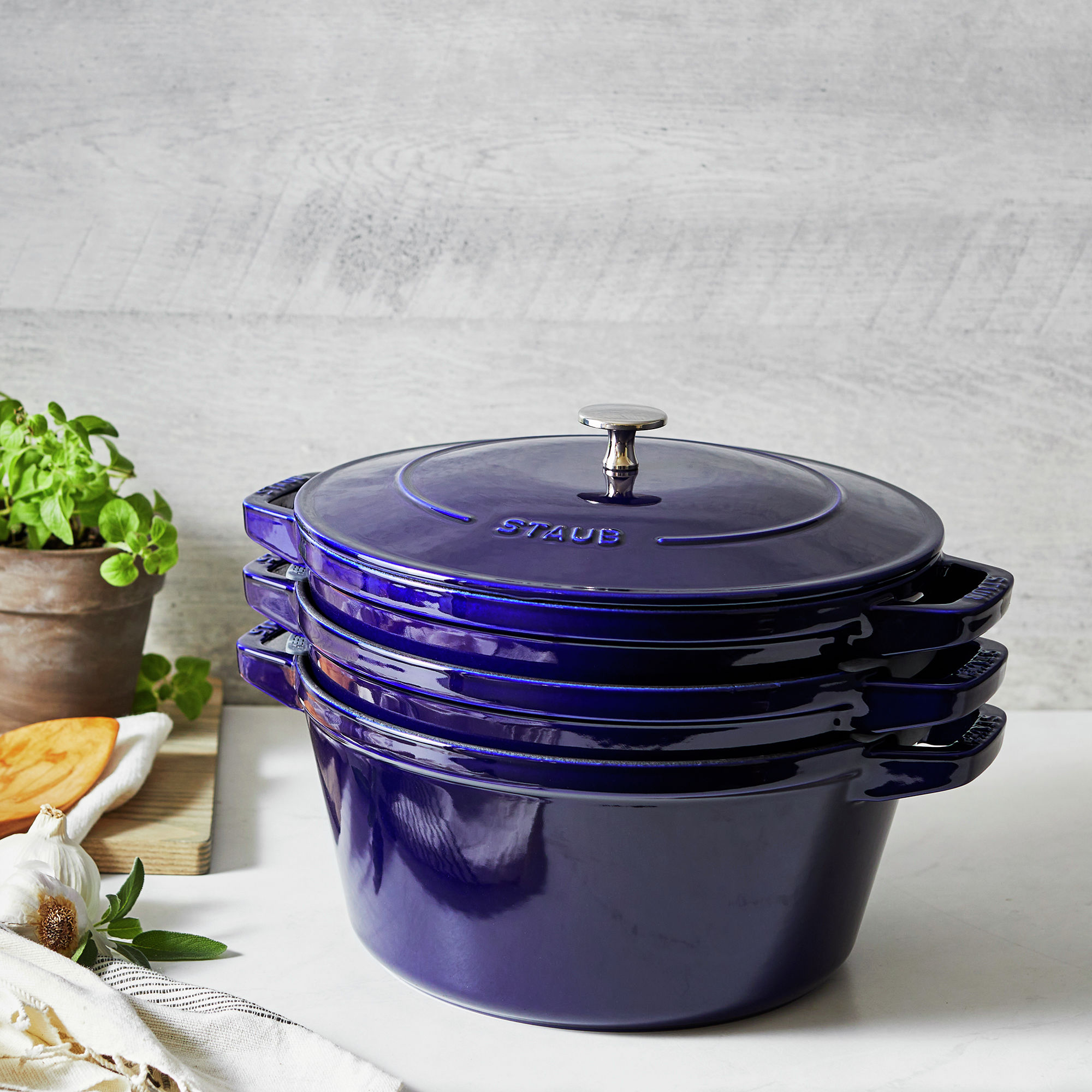 New! ✨ Staub Stackable 4-Piece Set includes a cocotte, braiser & grill pan  with one lid that fits all three. Shop + get this Shrimp…